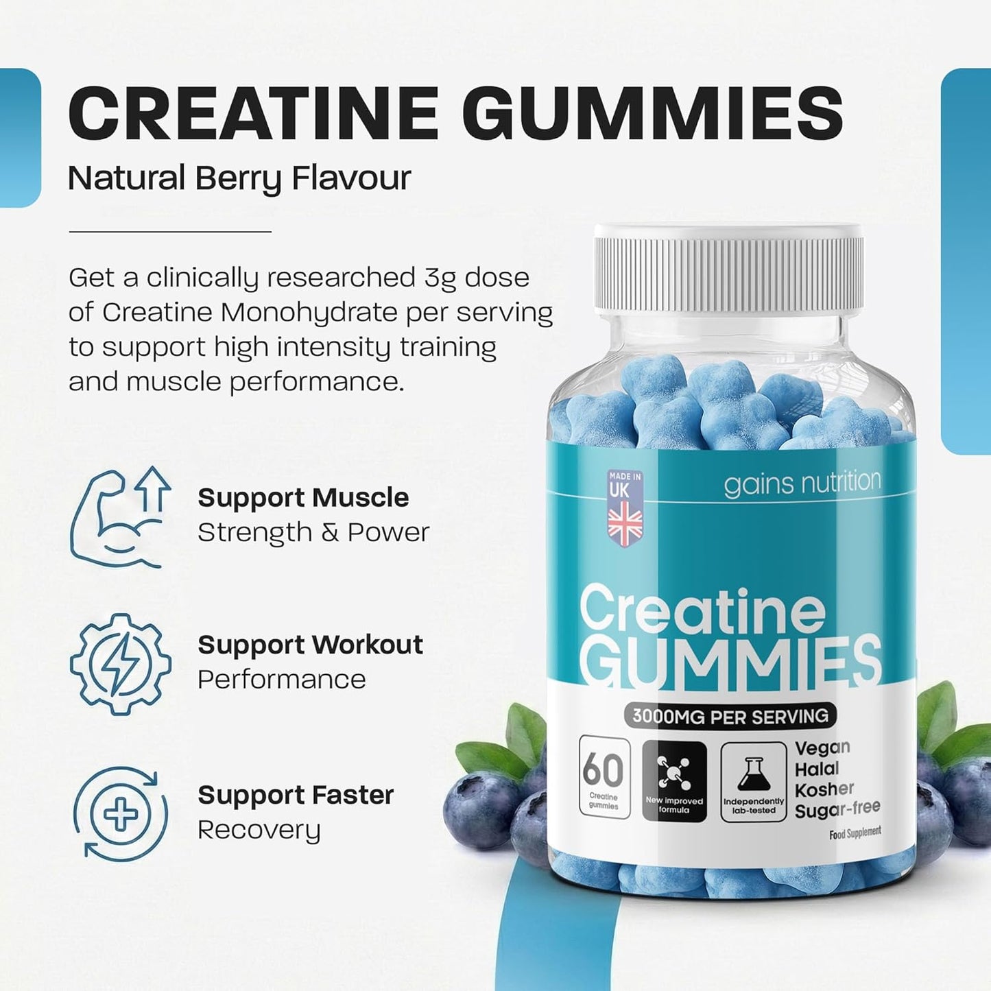 GN Creatine Gummies | 60 Chewable Creatine Gummies for Men & Women - 3000Mg Creatine-Monohydrate per Serving | Berry Flavour, Non-Gmo & Suitable for Vegans & Vegetarians